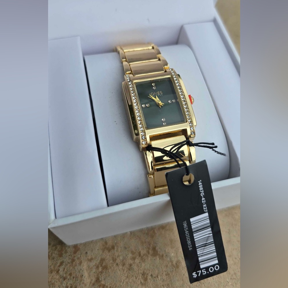 Jones New York Gold Tone Watch with Green Dial and Crystal Accents